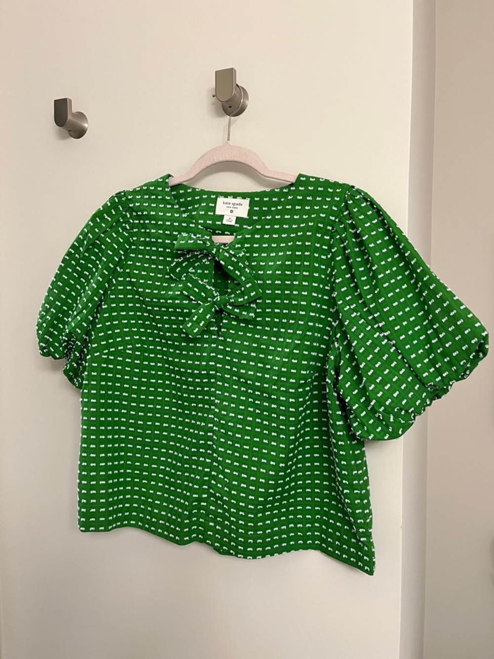 kate spade Green Puff-Sleeve Bow Tie Blouse